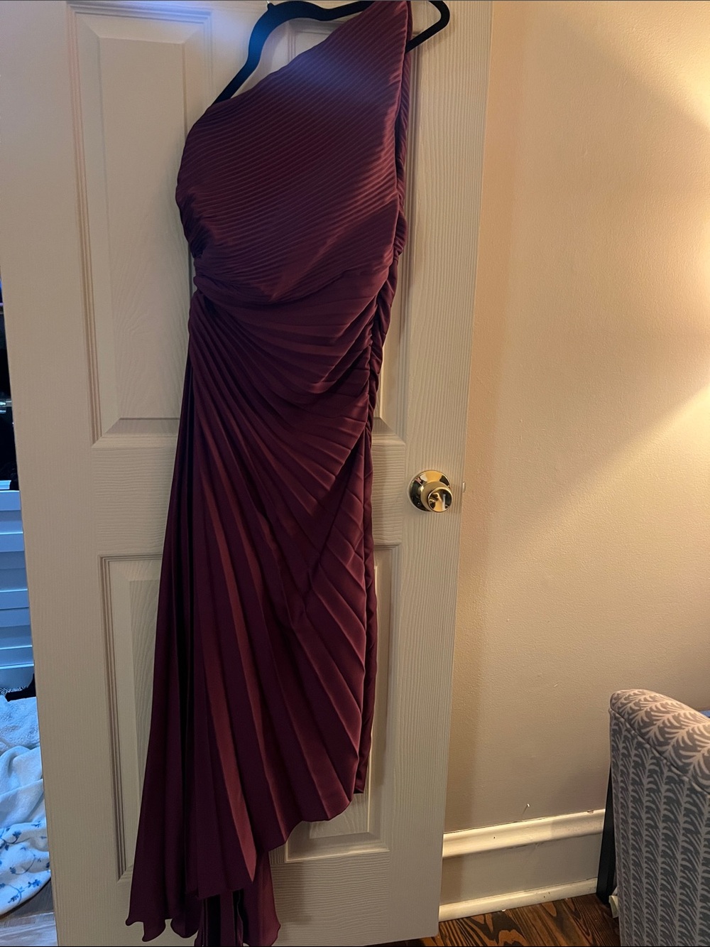 Mango One-Shoulder Pleated Gown in Plum